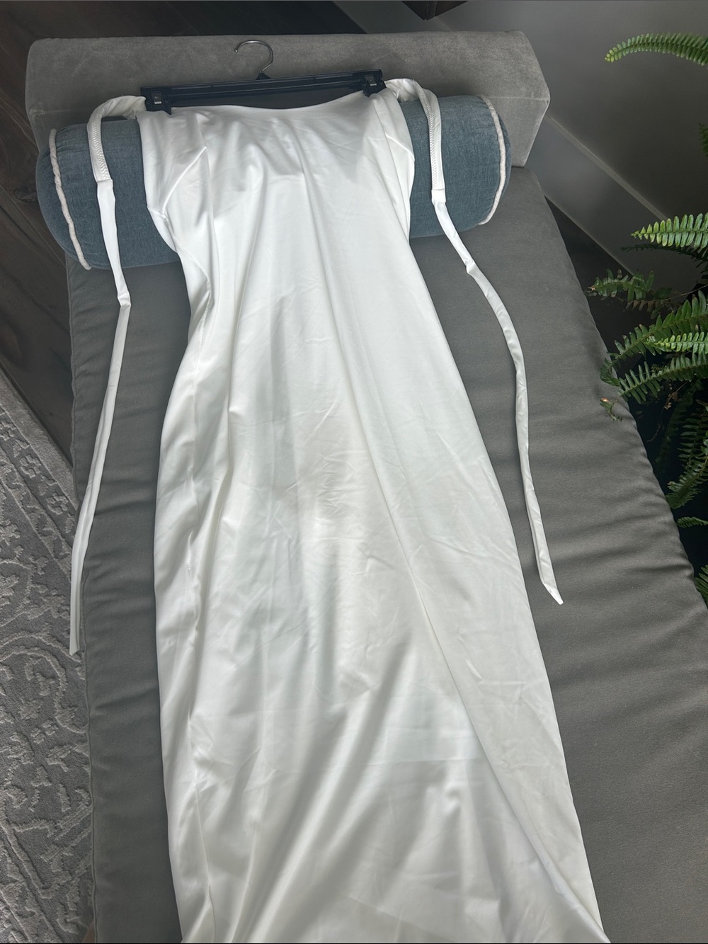 Backless White Satin Maxi Dress with Adjustable Shoulder Ties